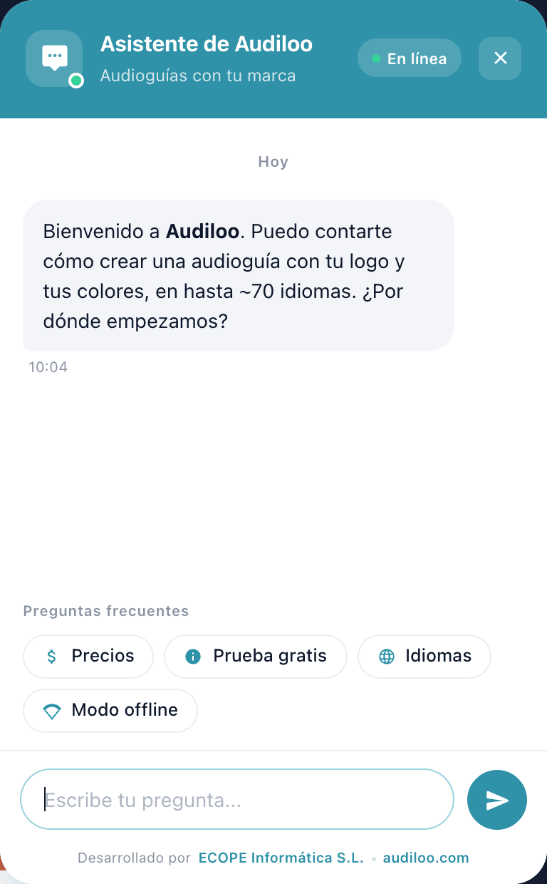 Chatbot para empresas funcionando en audiloo.com, plataforma de audioguías