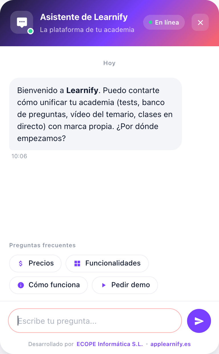 Chatbot para captar clientes en applearnify.es, plataforma para academias