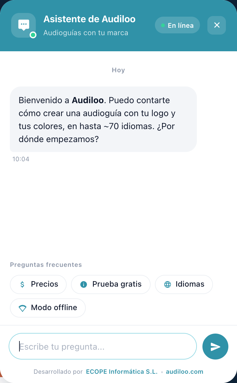 Chatbot para empresas funcionando en audiloo.com, plataforma de audioguías